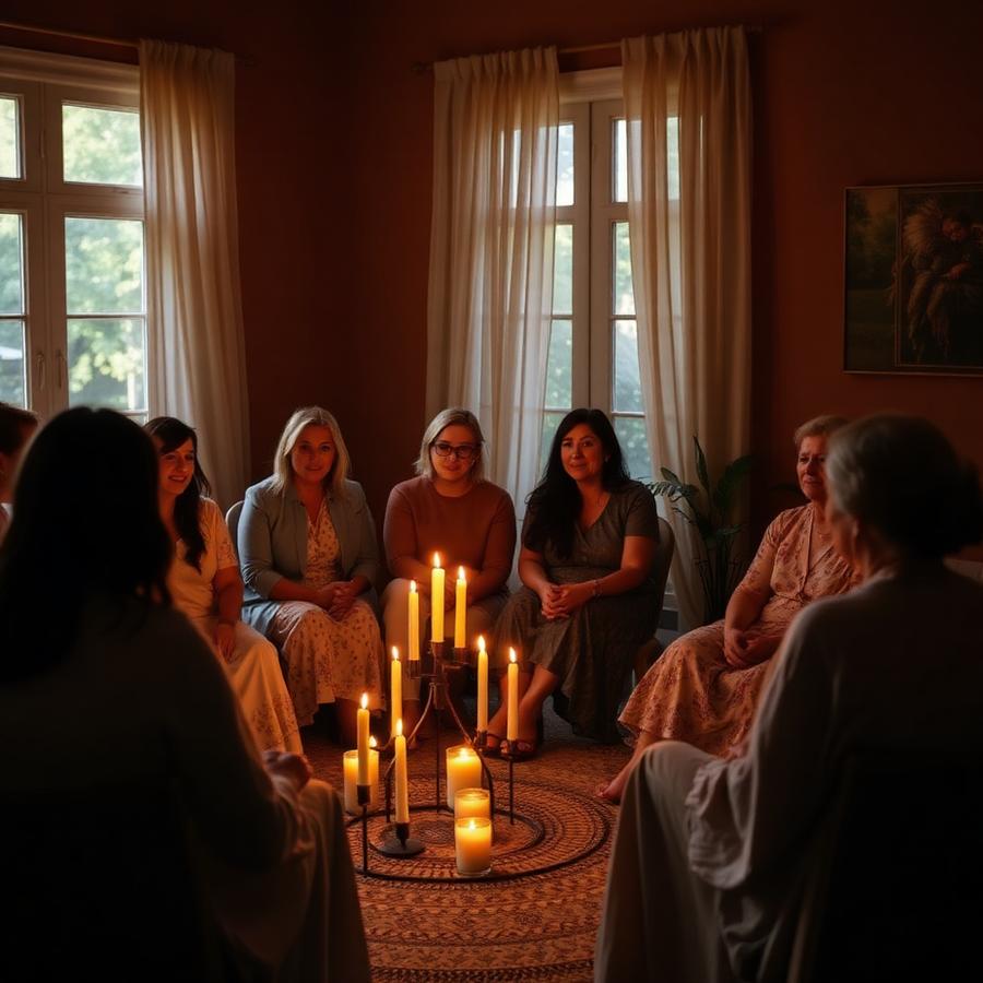 Círculo de mulheres em imersão noturna à luz de velas